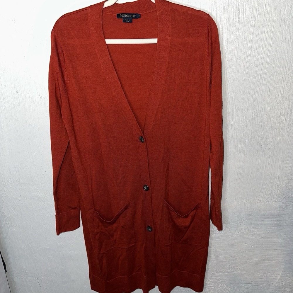 Pendleton 100% Merino Wool Red Mid-length Cardigan‎ Button Down Sz M